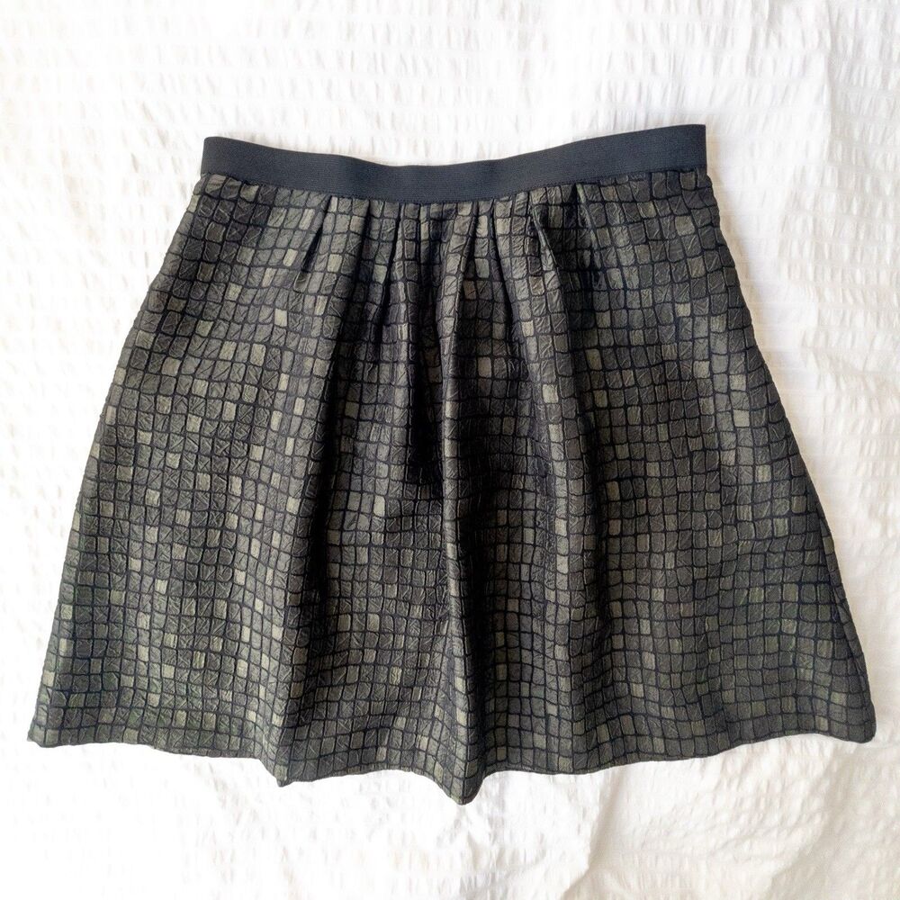 Isaac Mizrahi Green Black Iridescent Geometric Flared Short Skirt Size Large